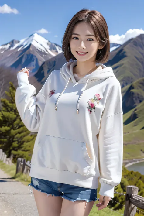  ( Hi-Res), (8k), ( very detailed), ( best illustration), (Precise and beautiful eyes), (Best Quality), (Super detailed), (masterpiece), ( wallpaper)、 beautiful Japanese women 、Beautiful décolleté、Walking on a mountaintop 、Wear a mountain hoodie、 short hai...