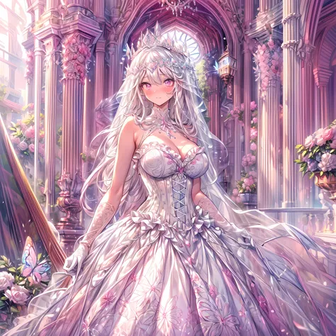 medium-long shot, full-dress shot, full-body illustration, candid portrait, (anime girl, solo focus:1.5), beautiful gorgeous captivating cute adorable princess, nose blush, (blushing:1.5), (pink eyes:1.5) , (((hyper detail delicate beautiful eyes , big eye...