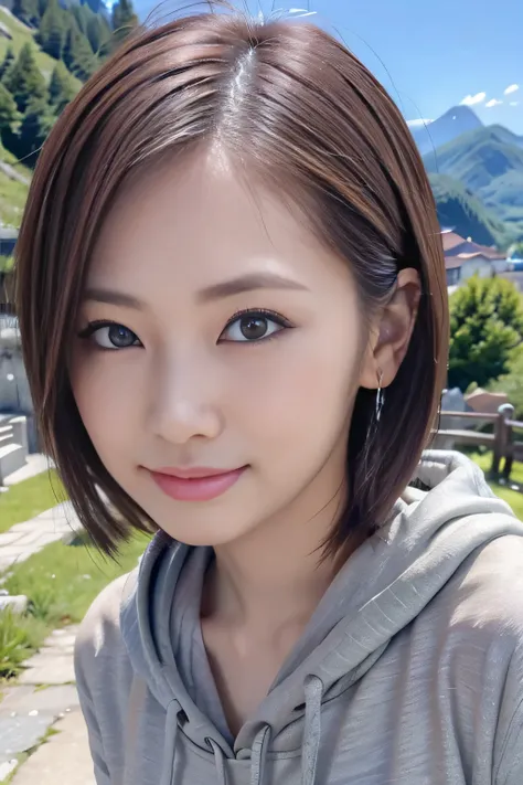  ( Hi-Res), (8k), ( very detailed), ( best illustration), (Precise and beautiful eyes), (Best Quality), (Super detailed), (masterpiece), ( wallpaper)、 beautiful Japanese women 、Beautiful décolleté、Walking on a mountaintop 、Wear a mountain hoodie、 wear a ho...