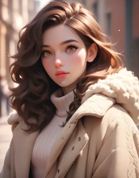 girl, long dark brown hair, golden brown eyes, sharp features, white skin, pink lips, perfect, sweater, wool coat.