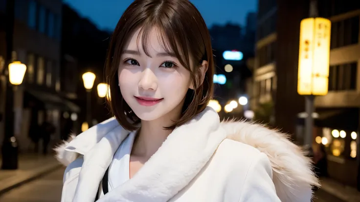  1 girl , look at the cute 21 year old Japanese 、 Movie Lighting,City lights at night,perfect anatomy,Slender body,smile,Super Detail Face、Pay attention to the details、double eyelid、Beautiful thin nose、 sharp concentration:1.2、Beautiful woman:1.4、( light b...