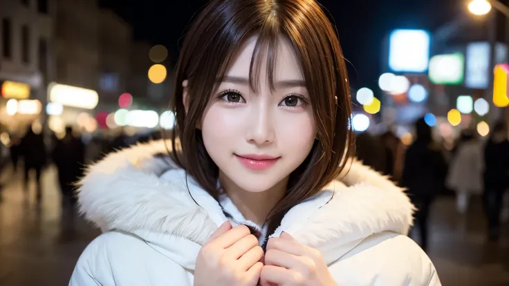  1 girl , look at the cute 21 year old Japanese 、 Movie Lighting,City lights at night,perfect anatomy,Slender body,smile,Super Detail Face、Pay attention to the details、double eyelid、Beautiful thin nose、 sharp concentration:1.2、Beautiful woman:1.4、( light b...