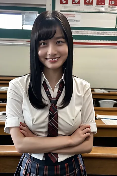 Black Hair、 straight hair、With bangs、Evil Smile、Big Breasts、 sexy body 、 emphasizes chest、Crossed Arms、 red tie holding a handgun、WhiteShirt、 plaid pleated mini skirt、 standing in a school classroom