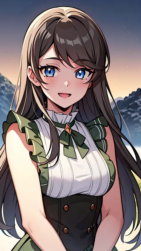 quality, masterpiece, highly detailed, 8k, masterpiece, tilly wimbledon, sleeveless, 1girl, smile, open mouth, blush, detailed face, detailed eyes, medium breast, blue eyes, top of mountain, night, moon, armpit