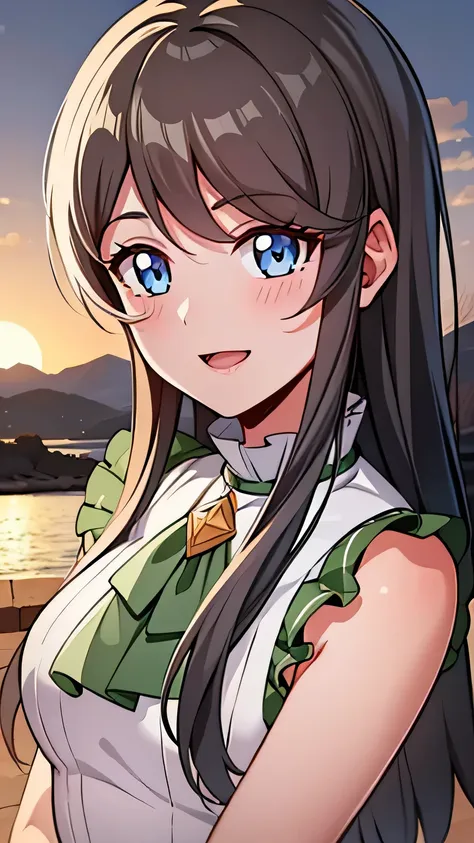 quality, masterpiece, highly detailed, 8k, masterpiece, tilly wimbledon, sleeveless, 1girl, smile, open mouth, blush, detailed face, detailed eyes, medium breast, blue eyes, top of mountain, night, moon, armpit