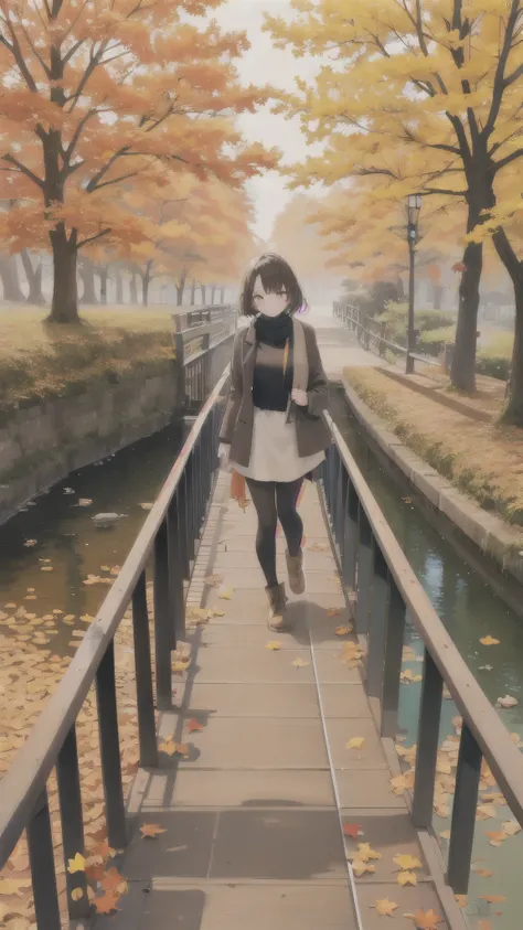 (masterpiece, Best Quality),  1 girl,  for a cozy fall themed walk, Nature Walks, Autumn Day, ,, Im walking on the bridge with the colors of fall , Autumn elements,  looks lonely 、