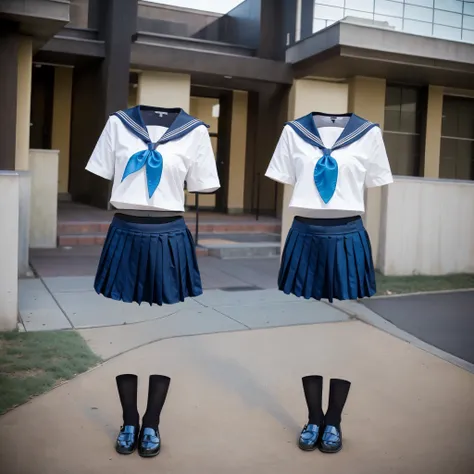 1girl, navy serafuku, school shirt, neckerchief, short sleeves, navel, short pleated school skirt, thighs, white socks, black shoes, (invisible, no humans, headless, faceless:1.5), cute big breasts