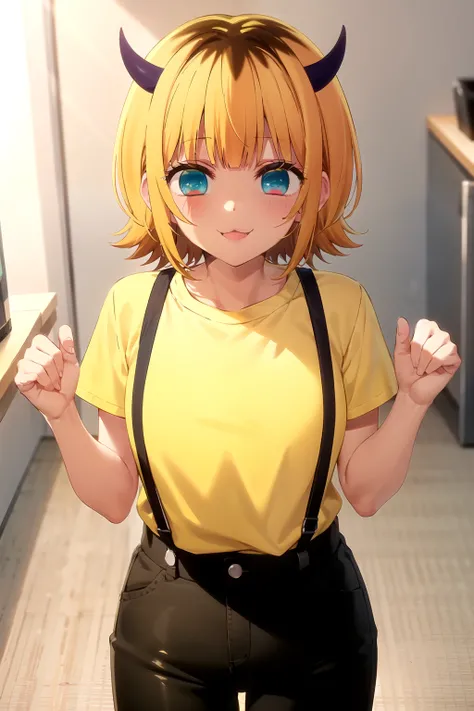 Best Quality, masterpiece,   Details,
Memucho,
 open your mouth , :3, smile,  slightly blush ,
 short hair,  blonde hair, Multi-colored hair, Aqua Eye,  short bangs , horn,
 yellow shirt,  suspenders,  SHORT SLEEVE,  black pants,
 is standing,  staring at ...