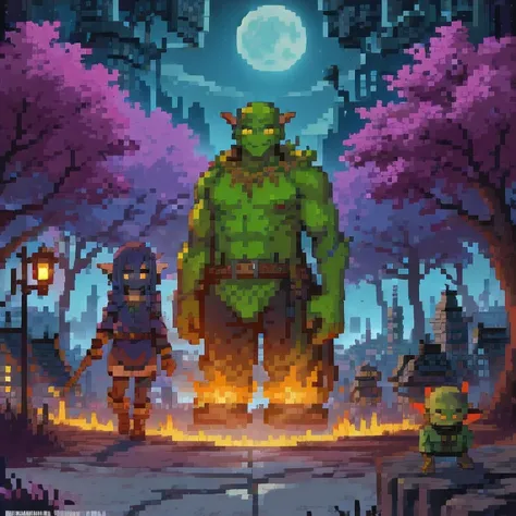 (( Goblins City : 1.5)), (masterpiece), ( is the best quality: 1.0), ( Ultra High Resolution : 1.0), Detailed illustrations,  Detailed Scenery ,  vibrant  colors goblins walking through the city, 8K, night, Moon Clouds , ((magic,  beautiful , Trees: 1.4 ))...