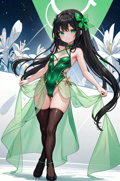 Best Quality、8k、Representative Works:1.3、  girl、1 person、1 personで、  petite and glamorous body  、 curve、 cute 、  she smiles happily  、  beautiful black long hair 、  beautiful emerald green eyes  、 Figure Skating Competition  、 Wear a light green figure ska...