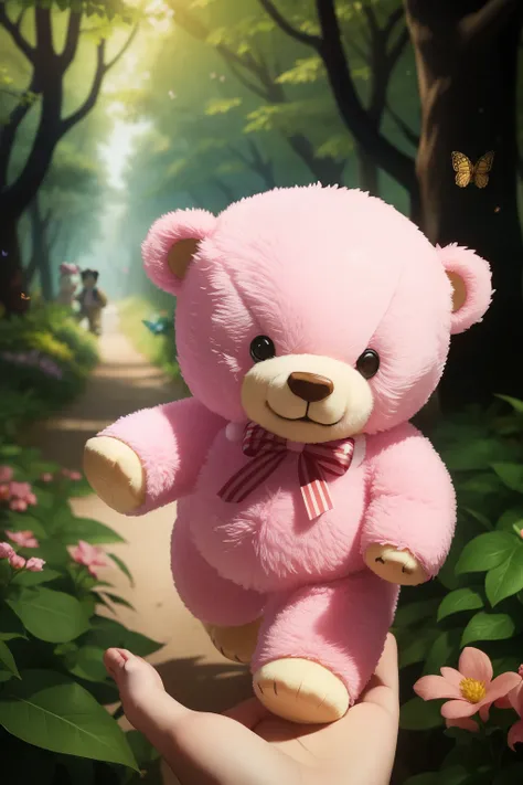 a teddy bear holds the hand of a little teddy bear as they walk in a forest with lots of butterflies and flowers, from the trees...