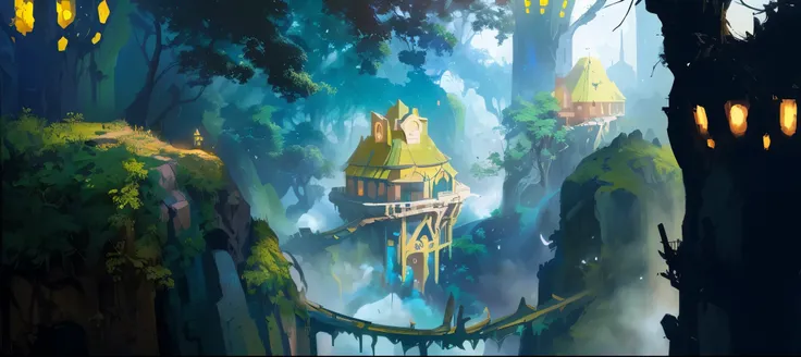 there is a painting of a small house in the middle of a forest, colorful concept art, stylized concept art, painted as a game concept art, environment design illustration, roofed forest, background art, anime scenery concept art, official concept art, digi...