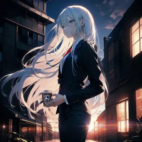 bishoujo, one lady, teenager, cute face, white hair, absurdly long hair, straight hair, ((deep blue eyes:1.5)), (holding coffee:1.4), ((business suit:1.5)), black suit, ((after sundown)), ((looking up the sky)), sky, standing, faint smile, rooftop, urban, ...