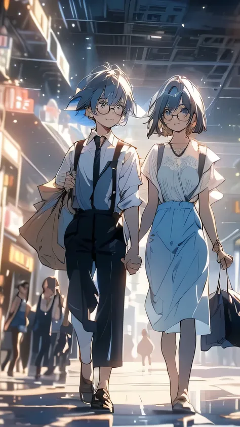 2 beautiful girls, male and female ( blue hair, short hair, loose, fluffy bob, flower hair ornament, white t-shirt, overalls ) male( in a black suit, blue tie, business bag, brown leather shoes, blonde, short hair, black rimmed, thin glasses)  2 walking ha...