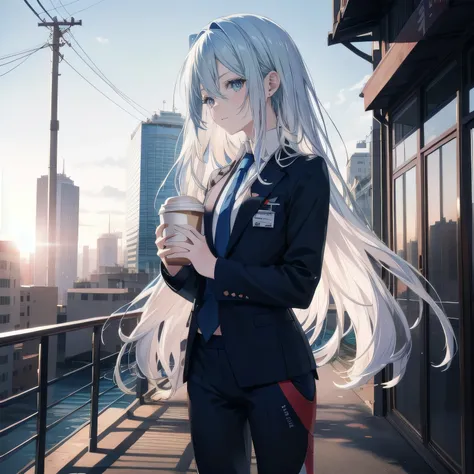 (masterpiece), (best quality), ultra detailed, finely detailed color, cenematic painting, bishoujo, one lady, teenager, cute face, white hair, absurdly long hair, straight hair, ((deep blue eyes:1.5)), (holding coffee:1.4), ((business suit:1.5)), black sui...