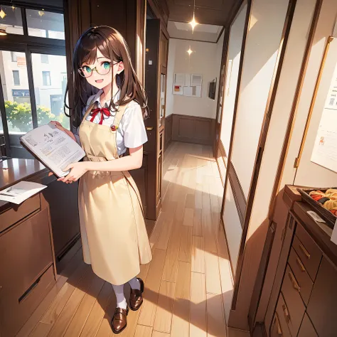 Best Picture Quality, Best Quality, 1080p, 8K, Masterpiece, First Class, (Perfect Face), Attention to Detail, (One Person), (Full Length), Front View, One Woman, Standing, Face to Face, Light Green Shirt, (Khaki Apron), Red Ribbon Tie, Khaki Skirt, Leather...