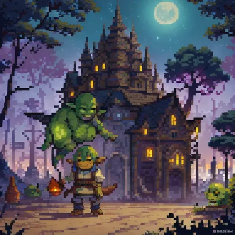 (( Goblins City : 1.5)), (masterpiece), ( is the best quality: 1.0), ( Ultra High Resolution : 1.0), Detailed illustrations,  Detailed Scenery ,  vibrant  colors goblins walking through the city, 8K, night, Moon Clouds , ((magic,  beautiful , Trees: 1.4 ))...