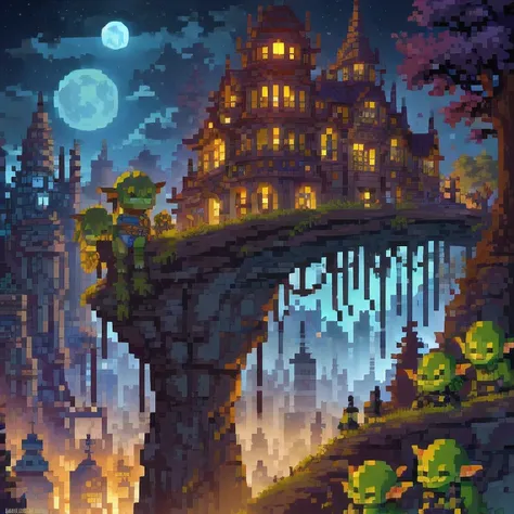 (( Goblins City : 1.5)), (masterpiece), ( is the best quality: 1.0), ( Ultra High Resolution : 1.0), Detailed illustrations,  Detailed Scenery ,  vibrant  colors goblins walking through the city, 8K, night, Moon Clouds , ((magic,  beautiful , Trees: 1.4 ))...