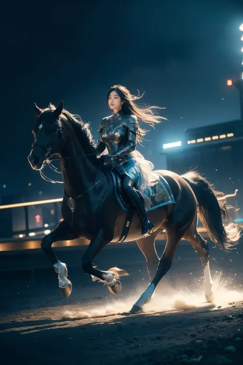 /I fashion photograph, vogue, black cybernetic horse with intricate metallic parts. gray background, A asian woman in a flowing blue dress rides on the horse, her dress billowing elegantly as if caught in a breeze. The woman has an air of strength and eleg...