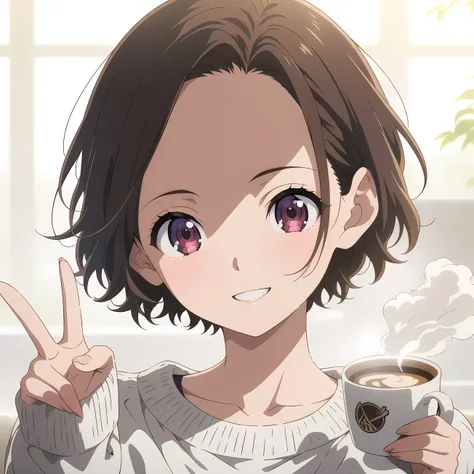 brown hair, woman in her 30s, extra short, boy-like woman, (forehead:1.3), parted bangs, anime illustration, white sweater, peace sign, smile, steam, warm coffee, masterpiece, top quality, highly detailed CG Unity 8K wallpaper,