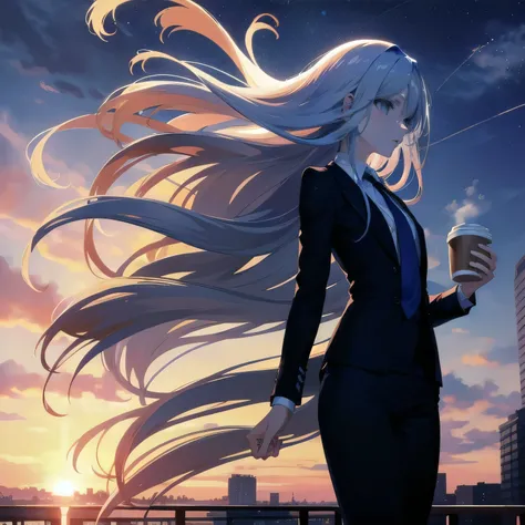 (masterpiece), (best quality), ultra detailed, finely detailed color, cenematic painting, bishoujo, one lady, teenager, cute face, white hair, absurdly long hair, straight hair, ((deep blue eyes:1.5)), (holding coffee:1.4), ((business suit:1.5)), black sui...