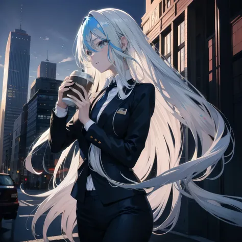 (masterpiece), (best quality), ultra detailed, finely detailed color, cenematic painting, bishoujo, one lady, teenager, cute face, white hair, absurdly long hair, straight hair, ((deep blue eyes:1.5)), (holding coffee:1.4), ((business suit:1.5)), black sui...