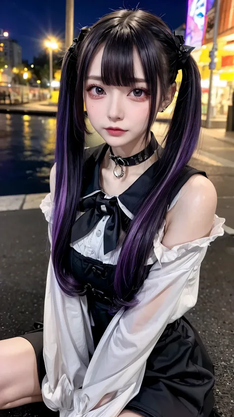 photo shoot, masterpiece, Best Quality, 8k, Hi-Res, Hi-Res, absurd:1.2, Kodak Portra 400, Film Grain, Blurred Background, Bokeh:1.2, lens flare , ( Vivid Colors:1.2), 1 girl, purple eyes, Movie Lighting、Purple and Black Hair 、(Landmine Girl、 Heavy...