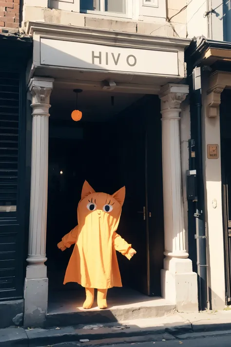 /I Cartoon photo. At night, an orange kitten with his head sticking out of a hole in the sheet dressed like a ghost stands with his arms outstretched to the side on the street. . Front view. --ar 9:16 --v 6.1