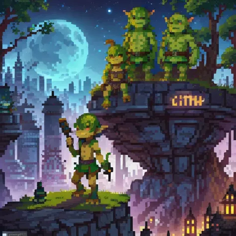 (( Goblins City : 1.5)), (masterpiece), ( is the best quality: 1.0), ( Ultra High Resolution : 1.0), Detailed illustrations,  Detailed Scenery ,  vibrant  colors goblins walking through the city, 8K, night, Moon Clouds , ((magic,  beautiful , Trees: 1.4 ))...