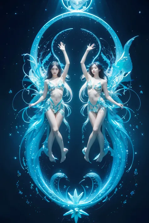 /I An ultra realistic image of two enormous, shimmering fish with celestial scales, representing Pisces. The fish swim gracefully in a deep, magical ocean illuminated by bioluminescent plants and creatures, each move embodying the serene and mystical natur...