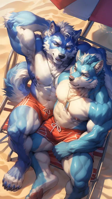 (By Empty Ghost, From thebigslick, By Dark Gem, Will chase), High-quality photos, Perfect anatomical structure, (duo:1.6), (wolf print), bara wolf, wolf, 30, gay, lover, (blue fur:1.3), (white massive pectoral muscles), strong physique, chubby, cute, perfe...