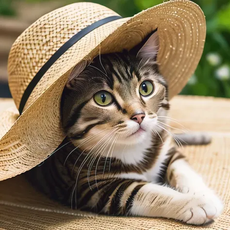 masterpiece, best quality, ultra-detailed, realistic, (photogenic:1.3),(cat:1.3),(straw hat:1.2),