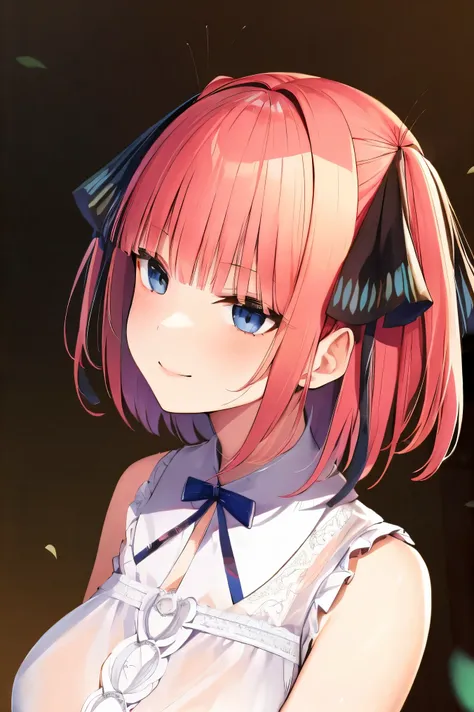 NSFW,masterpiece,Best Quality, Hi-Res, very detailed, Chinatown( Quintessential Quintessential Bride), short hair、bangs、 blue eyes、Hair accessories、 hair bow、 pink hair、鈍いbangs、 two side up、蝶のHair accessories, White Dress , sleeveless,Chest cut-in,smile