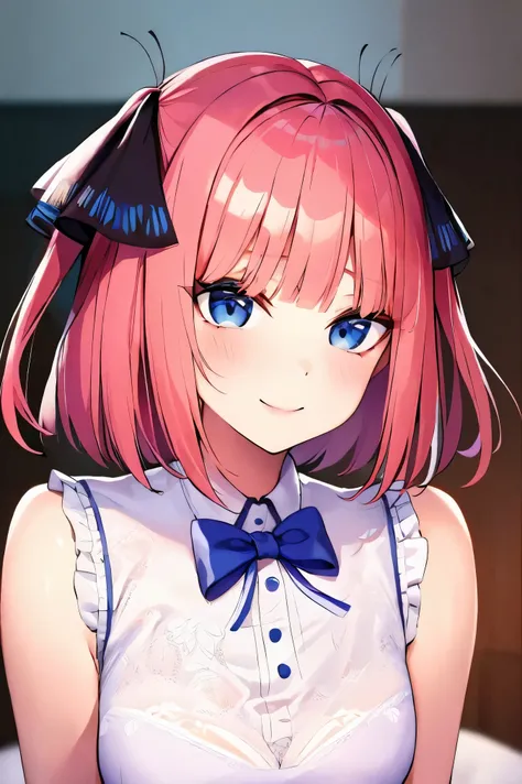 NSFW,masterpiece,Best Quality, Hi-Res, very detailed, Chinatown( Quintessential Quintessential Bride), short hair、bangs、 blue eyes、Hair accessories、 hair bow、 pink hair、鈍いbangs、 two side up、蝶のHair accessories, White Dress , sleeveless,Chest cut-in,smile