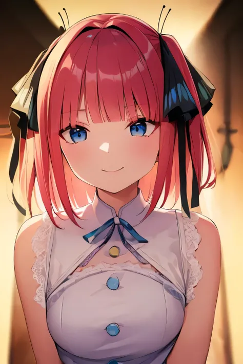 NSFW,masterpiece,Best Quality, Hi-Res, very detailed, Chinatown( Quintessential Quintessential Bride), short hair、bangs、 blue eyes、Hair accessories、 hair bow、 pink hair、鈍いbangs、 two side up、蝶のHair accessories, White Dress , sleeveless, long skirt,Chest cut...