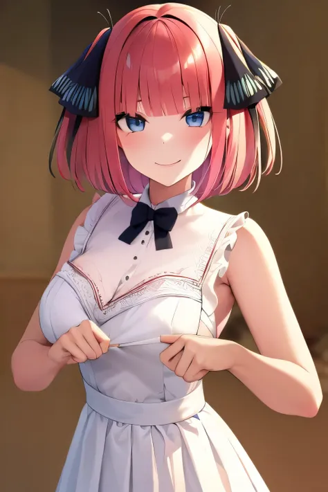 NSFW,masterpiece,Best Quality, Hi-Res, very detailed, Chinatown( Quintessential Quintessential Bride), short hair、bangs、 blue eyes、Hair accessories、 hair bow、 pink hair、鈍いbangs、 two side up、蝶のHair accessories, White Dress , sleeveless, long skirt,Chest cut...