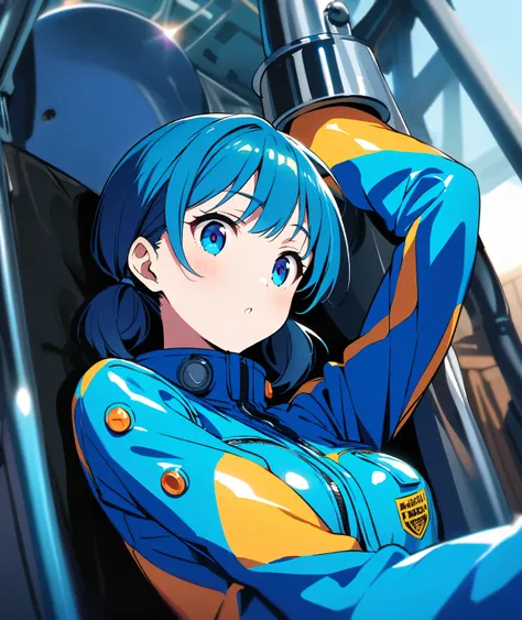 Anime girl in a shiny blue enamel boiler suit