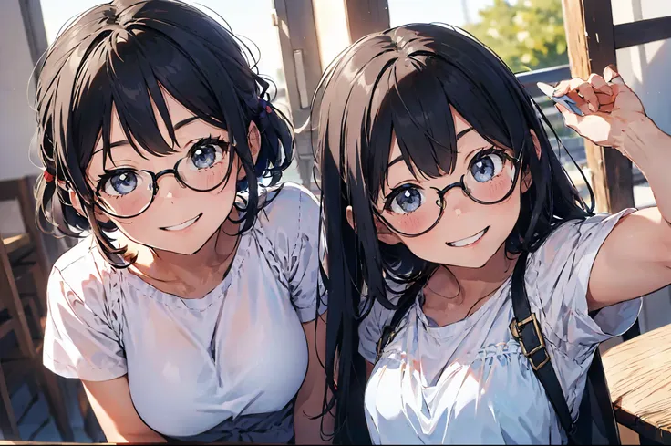 2girls、happy smile、glasses、beautiful background、10yo