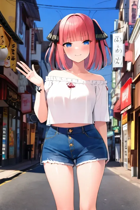 NSFW,masterpiece,Best Quality, Hi-Res, very detailed, Chinatown( Quintessential Quintessential Bride), short hair、bangs、 blue eyes、Hair accessories、 hair bow、 pink hair、鈍いbangs、 two side up、蝶のHair accessories, Crop Top Shirt , off shoulder, denim shorts ,H...