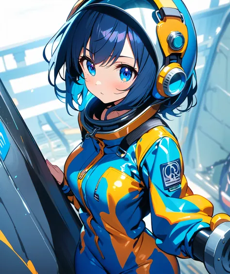 Anime girl in a shiny blue enamel boiler suit