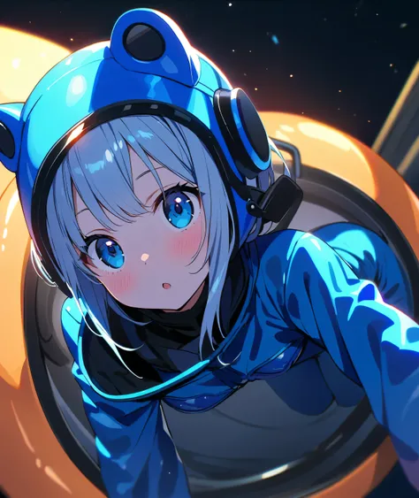 Anime girl in a shiny blue enamel boiler suit