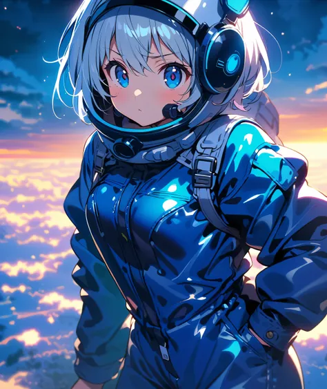 Anime girl in a shiny blue enamel boiler suit