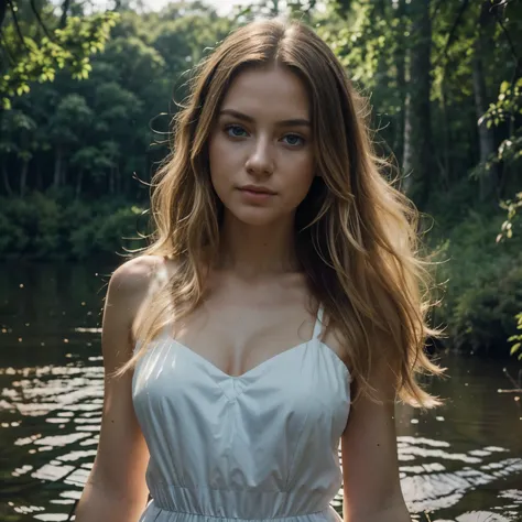 RAW, photograph,((best quality)), ((masterpiece)), ((realistic)), gorgeous european woman, 24 year old, (long blonde hair), blue eyes, walking in a forest with a lake, during a beautiful sunset,soft lighting, serene atmosphere, nature, majestic trees, subt...