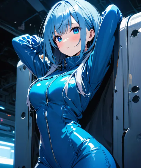 Anime girl in a shiny blue enamel boiler suit