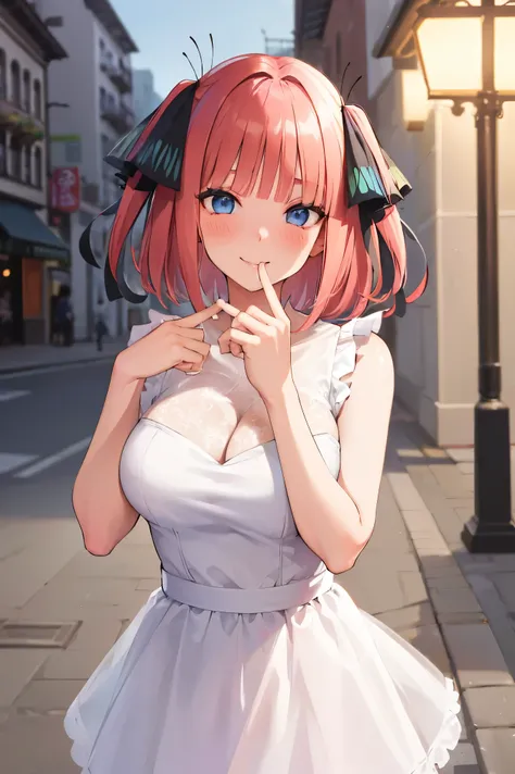 NSFW,masterpiece,Best Quality, Hi-Res, very detailed, Chinatown( Quintessential Quintessential Bride), short hair、bangs、 blue eyes、Hair accessories、 hair bow、 pink hair、鈍いbangs、 two side up、蝶のHair accessories, White Dress , sleeveless, long skirt, cleavage...