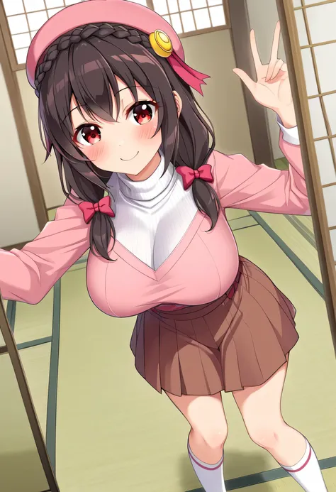 yunyun、masterpiece,Best Quality,  Hi-Res,one person, Yunyun、My name is Yunyun,  crown braid the same color as hair, Black Hair、Red eyes、 hair accessories,  hair bow, ( white turtleneck:1.2), ( brown skirt ),  knee socks, She has big breasts、(Happy smile:1....