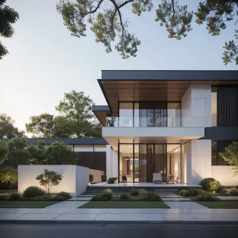 RAW photo, Exterior of two story white modern house, road, ((sidewalk)), ((sidewalk trees)), residences area, dawn time, overcast, fog, tropical trees and plants, (high detailed:1.2), 8k uhd, dslr, soft lighting, high quality, film grain, Fujifilm XT3, (sh...