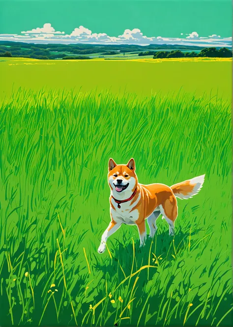  Lisa Keene style Shiba Inu by Emmanuel Siu and Alena Aenami,  Tintins adventurous taste 、Artistic painting、Nestled in the prairie 、Bright green、 high resolution with the wind blowing ,  anatomically correct, masterpiece, accurate,  that won numerous award...