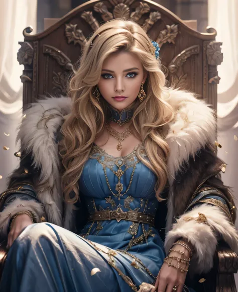 Realistic, 8k, ((masterpiece)), best quality, 1girl, solo, blue_eyes, long_hair, jewelry, looking_at_viewer, dress, sitting, gloves, blue_dress, earrings, royal_dress, arrogant_pose, fingerless_gloves, blonde_hair, breasts, fur_trim, braid, parted_lips, co...