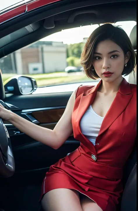 (masterpiece:1.3), (8 thousand, Realistic, RAW photos,  best quality : 1.4), (1 female),(((Sit in the drivers seat wearing a sexy red short skirt suit in a luxury convertible sports car))), (((The driver&#39;s side door is open.))),  (((하체에 짙은색 Realistic 불...